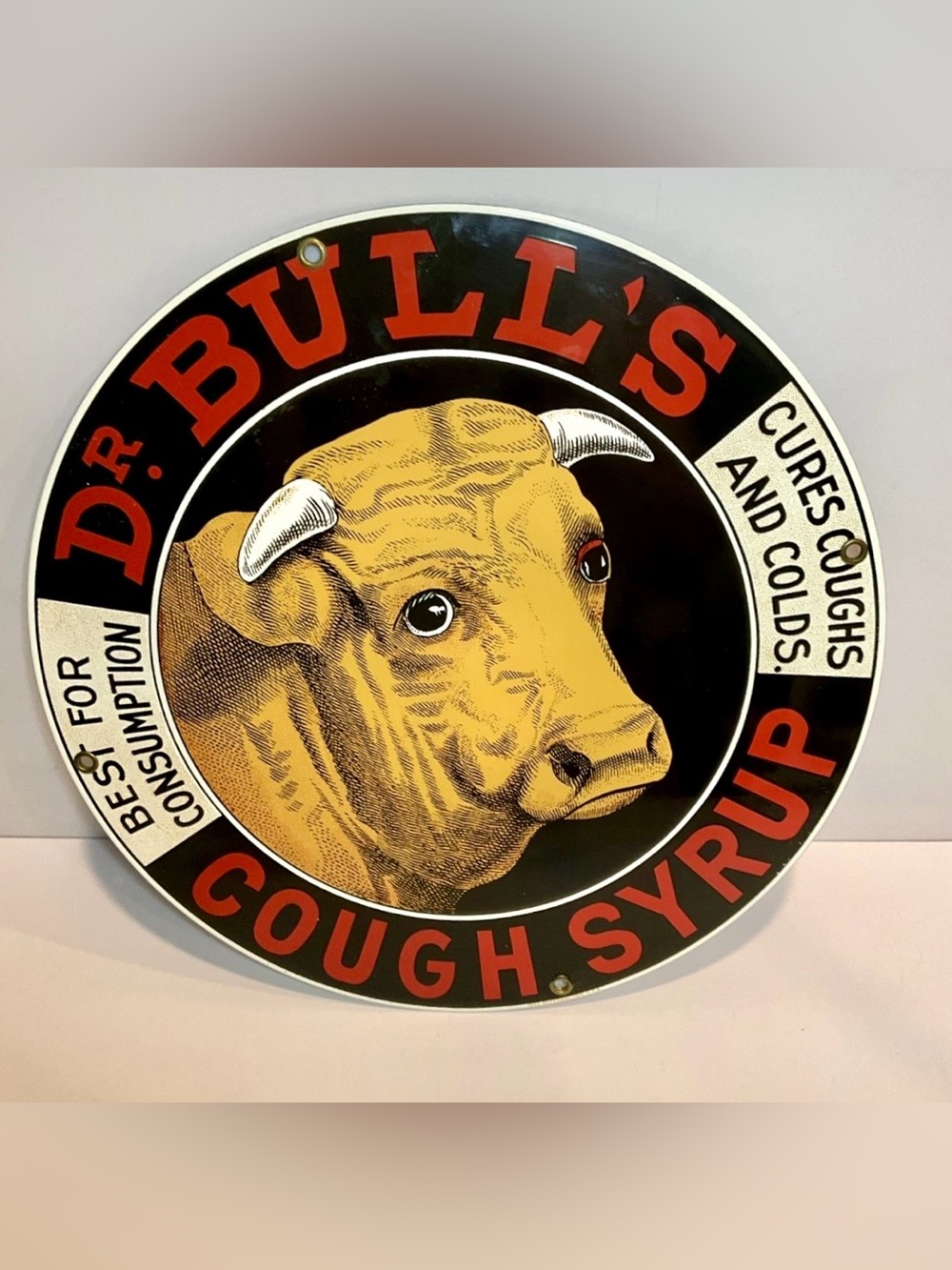 Ande Rooney Dr Bull’s Cough Syrup Porcelain Enamel Sign 11.25” Vintage
